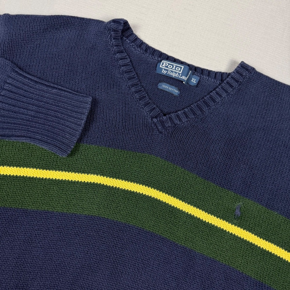Vintage Polo Ralph Lauren V-Neck Sweater Mens XL Navy Blue Green Yellow Stripe